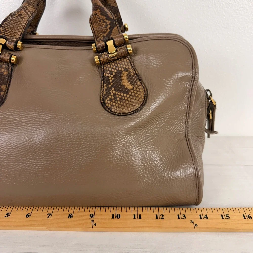 Gucci Satchel Hand Bag Taupe Brown Leather Snakeskin Trim Gold Hardware M Office